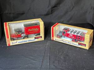 lot 203 image: Level 3 - Lot of 2 True Value Die-Cast Model Coin Banks - 1918 Ford Tractor Trailer and 1925 Kenworth Stake Truck w Barrels