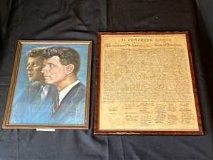 lot 224 image: Level 2 - Lot of 2 VTG Framed Items JFK Portrait and Declaration of Independence