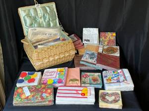 lot 226 image: Level 2 - Lot of Assorted Decorative Paper Napkins and Wicker Basket with Sewing and Craft Supplies Inside