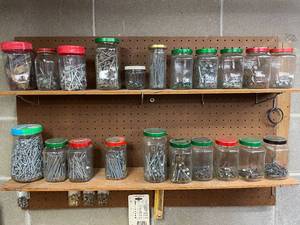 lot 14 image: Level 1 - Large Assortment of Nails and Hardware in Jars