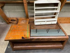 lot 19 image: Level 1 - Rustic Wood Display Lot with Wooden Table, Shelf, Hooks, and Advertising Plaque