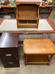 lot 31 image: Level 1 - Lot of Mixed Furniture Wooden Table, Stand, and Metal Filing Cabinet