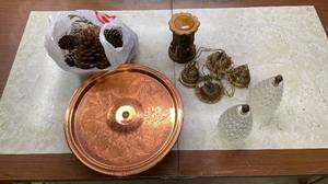 lot 47 image: Level 1 - Decorative Assorted Items Lot - Copper Tray, Pinecones, Glass Bottles, and More