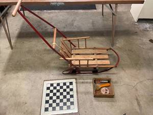 lot 54 image: Level 1 - Vintage Wooden Childs Sled with Assorted Accessories