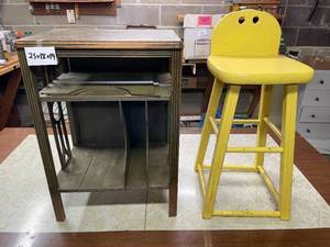 lot 254 image: Level 1 - Vintage Wooden Furniture Set Side Table and Yellow Bar Stool