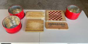 lot 273 image: Garage - Lot of Vintage Metal Containers and Wooden Blocks