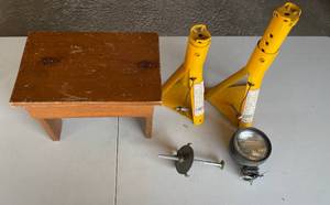 lot 333 image: Garage - Lot of 2 Jack Stands, Wooden Step Stool, Round Light, and Bolt Hardware