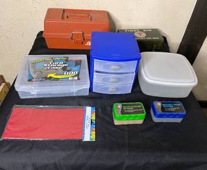 lot 348 image: Level 2 - Assorted Storage and Organizer Lot with Vintage First Aid Kit