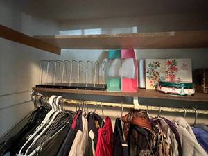 lot 342 image: Level 3 - Lot of Closet Contents - Mens and Womens Jackets and Coats inc Hangers, Storage Drawers Containing Cold Weather Accessories and Misc. Home Items on Shelf