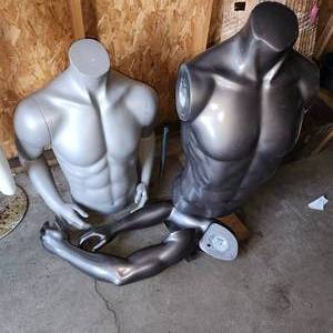 lot 17 image: Two male torso mannequins and two arms that do not attached to the armless mannequin.