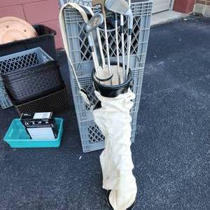 lot 21 image: Theatrical prop golf clubs in bag.