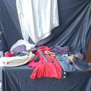 lot 29 image: CELTIC GRAB BAG belts, dagger blade in scabbard, Celtic and Scottish costume pieces and accessories in a large cloth carry sack.