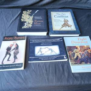 lot 6 image: Set of 5 Sword Fighting Books Including The Academy of the Sword, The Art of Combat, Sword Fighting, Fight Direction, and The Lost Second Book of Nicoletto Giganti