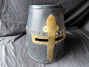 lot 110 image: Costume knights Great Helm (made of leather and brass) This helm is based upon Monty Pythons Holy Grail) NONE SHALL PASS (this Great Deal)