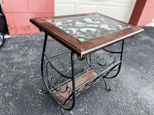 lot 123 image: Ornamental Side Table with Glass Top Measuring 22 inches by 16 inches by 24 inches