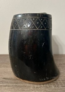 lot 1A image: Viking-esque Vegvisir Hand Engraved Horn Mug 39 fluid oz capacity