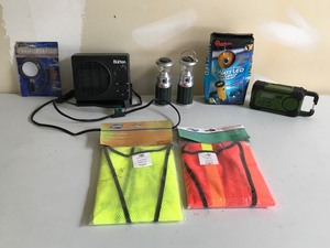 lot 44 image: Burton Max coupling auto plug-in heater, 1watt USB flex light, 2 wind-N-go small lanterns, 1-watt waterproof flashlight, solar dyno weather radio and 2 safety vests and more