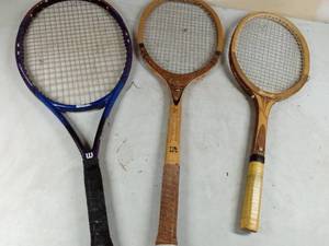 lot 251 image: 2 Vintage tennis rackets and a Wilson tennis racket