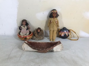 lot 132 image: Pottery, 3 Native Dolls, Birch Bark Canoe, Pottery Bowl & Flask