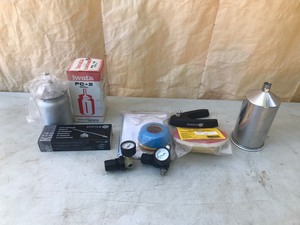 lot 228 image: 2 Spray Painting Cups. Repair kit, 2 gauges, coding Rings, Backing Plate & more