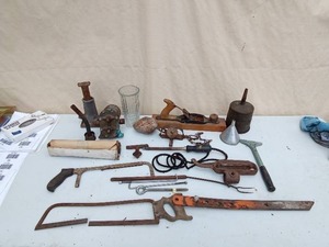 lot 144 image: Box of Vintage Planer, Funnel, Music roll, oil can, trap, jack and more 