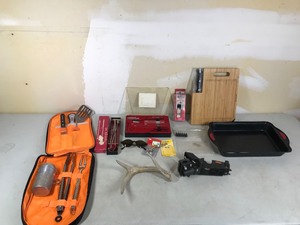 lot 346 image: Antler, Rod Holder, BBQ Set, Gun Cleaning Kit, Cutting Board with Knife and more
