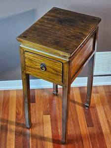 lot 1A image: Antique Elmwood Waisted Tea Stand 19th c., Single Drawer  Hoof Legs COA