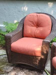 lot 83 image: Contemporary Wicker Outdoor  Patio Seating Set - Loveseat - Swivel Chairs - Coffee Table
