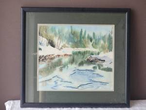 lot 168 image: Fine Art Watercolor Landscape Original - S. Flachman - Winters Reflection
