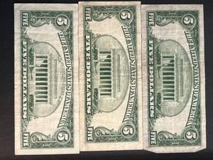 3 US GREEN SEAL $5 FEDERAL RESERVE NOTES