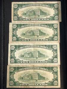 4 US GREEN SEAL $10 FEDERAL RESERVE NOTES