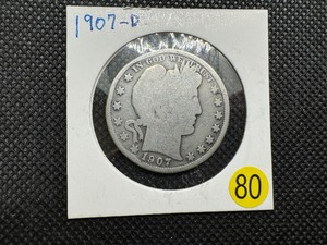 lot 80 image: 1907-D Silver Barber Half Dollar
