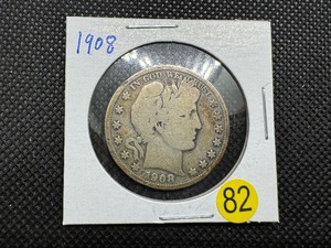 lot 82 image: 1908 Silver Barber Half Dollar