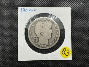 lot 83 image: 1908-D Silver Barber Half Dollar