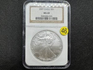 lot 46 image: 2007 American Silver Eagle NGC MS69 NGC Price Guide is $55