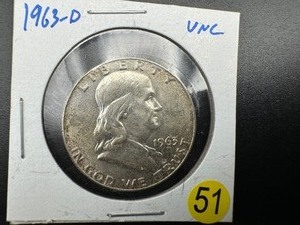 lot 51 image: 1963-D Silver Franklin Half Dollar Marked UNC When Purchased