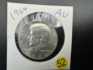lot 52 image: 1964 90% Silver Kennedy Half Dollar Marked AU When Purchased