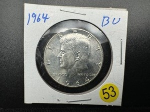 lot 53 image: 1964 90% Silver Kennedy Half Dollar Marked BU When Purchased