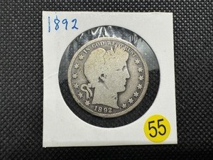 lot 55 image: Better Date 1892 Silver Barber Half Dollar PCGS Price Guide for a G4 is $45