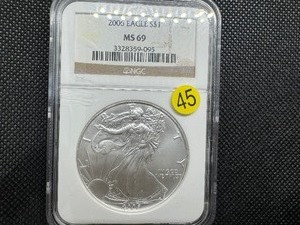 lot 45 image: 2006 American Silver Eagle NGC MS69 NGC Price Guide is $65