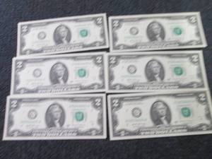lot 425 image: 6 Sequential, Uncirculated $2 Bills...