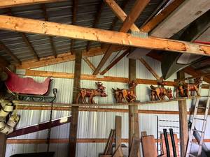 lot 28 image: Wood Reindeer & Sleigh Display 15 Long, Reindeer 24 Tall