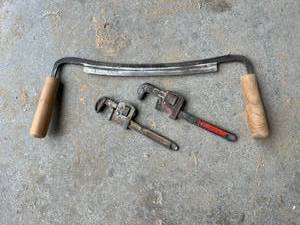 lot 197 image: Draw Knife & Pipe Wrenches