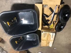 Lot of Gorilla 8 cu. ft. Dual-Wheel Wheelbarrow, Pro-Grade Poly Bucket, Steel Handles, Dual 16 in. Pneumatic Wheels, Easy-Dump Design Missing Pieces  Customer Returns See Pictures