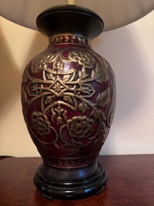 lot 99 image: Pair of Table Lamps with Beautiful Dark Red and Gold Floral Design