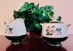 lot 104 image: Vintage Homer Laughlin Cream and Sugar Set & Simple Green Plant