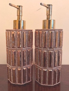 lot 93 image: Coordinating Decorative Bathroom Set  including Trash Bin, 2 Soap Dispensers, Kleenex Cover and More