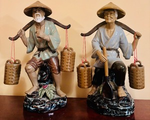 lot 94A image: Shiwan Chinese Fisherman Farmer Couple Porcelain Statues, Large Shekwan Mudman Figurines