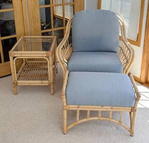 lot 2 image: Rattan ArmchairOttoman and Side Table