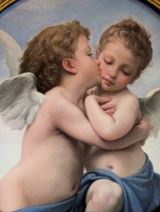 lot 34 image: Round Framed Canvas Cherub Painting